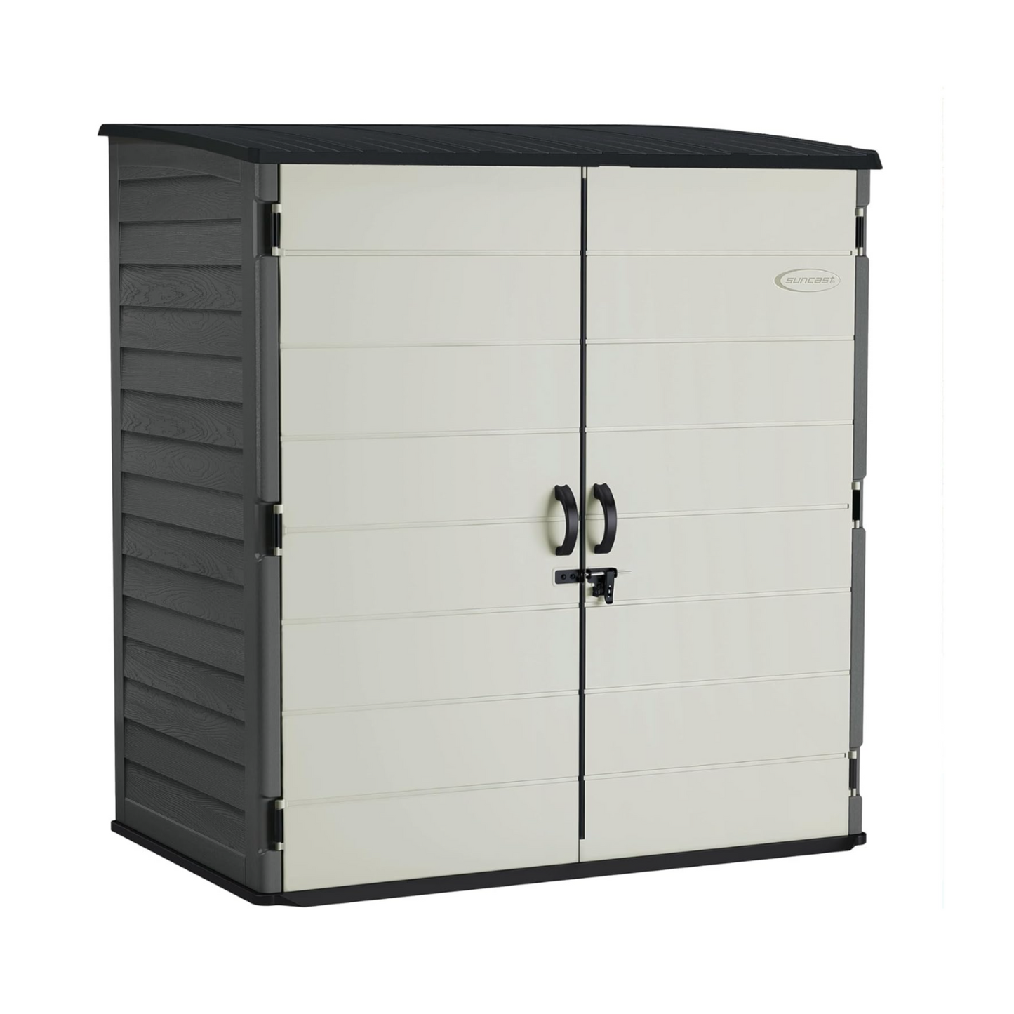 Extra-Large Vertical Outdoor Storage Shed – All-Weather Resin Yard Shed with Lockable Double Doors, 70.5 x 44.25 x 77.5 In, Peppercorn, Made in USA