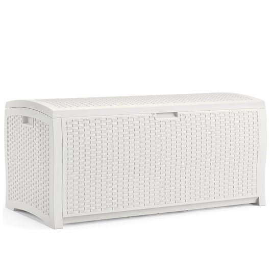 99 Gallon Wicker Outdoor Deck Storage Box, Hinged Lid, Water-Resistant, White,  Made in USA