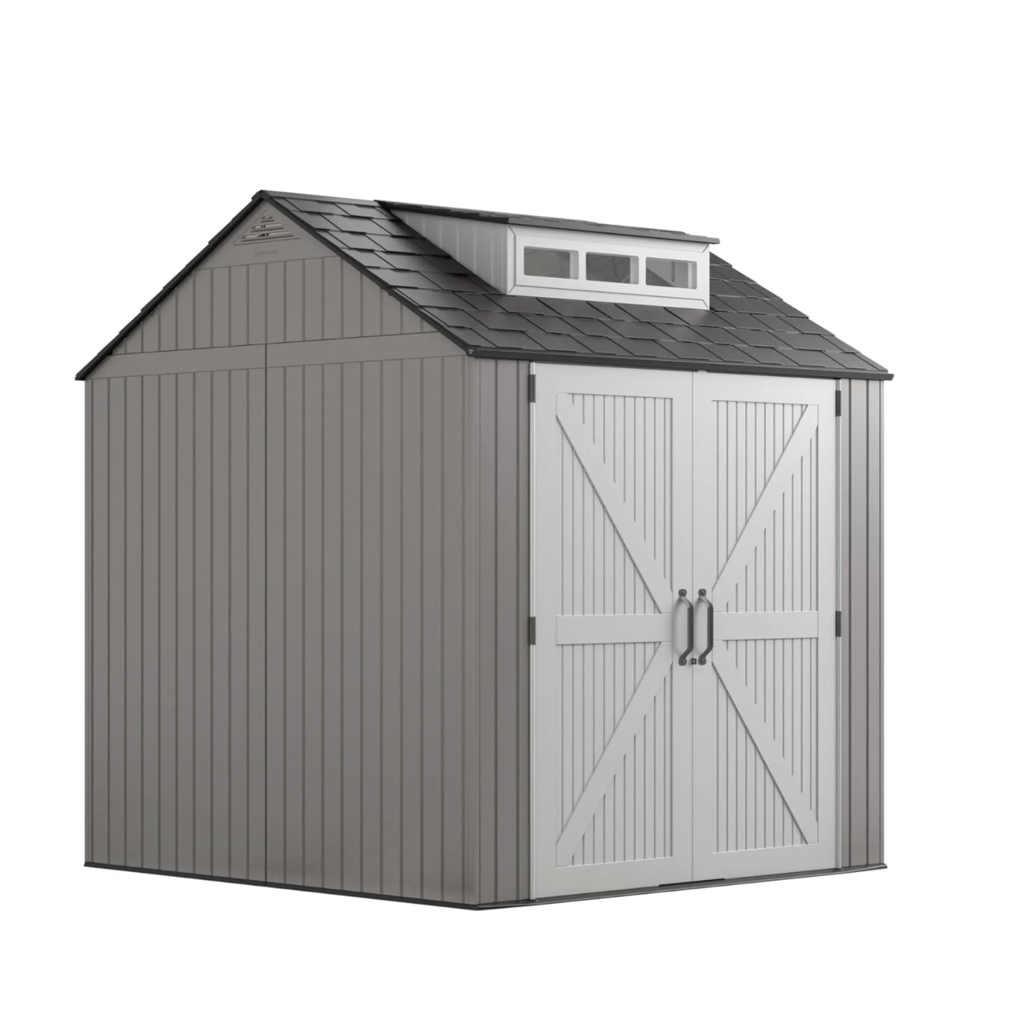 7x7 Ft Outdoor Storage Shed with Floor, Weather-Resistant Resin, Gray – For Garden Tools, Lawn Mower, Bike and Pool Supplies